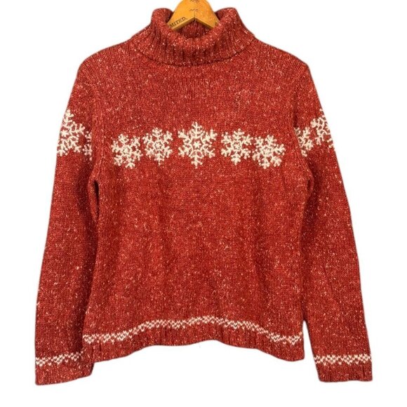 Vintage Red Turtleneck Snowflake Sweater, Cozy Soft Knit Pullover, Festive - Picture 7 of 7